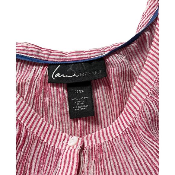 Lane Bryant 22/24 Pink White Stripe High Low 100% Cotton Button Blouse Tunic - Picture 11 of 11